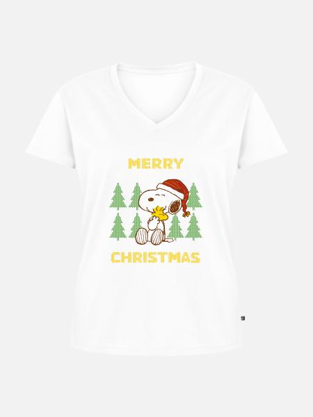 Peanuts Snoopy Merry Christmas - Frauen Premium Bio T-Shirt mit V-Ausschnitt - Weiß