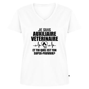 Auxiliaire Vétérinaire Métier Animal Chien Chat - T-shirt encolure en V Premium bio Femme - blanc - Devant - AI Model Female 172 dark (172cm)