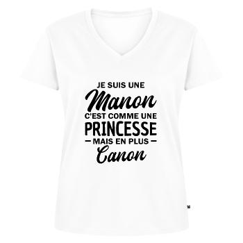 je suis une manon - T-shirt encolure en V Premium bio Femme - blanc - Devant - AI Model Female 172 dark (172cm)