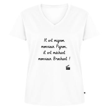Il est mignon monsieur Pignon - Le Dîner de cons - T-shirt encolure en V Premium bio Femme - blanc - Devant - AI Model Female 172 dark (172cm)