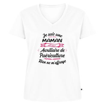 Maman et une Auxiliaire Puériculture Humour - T-shirt encolure en V Premium bio Femme - blanc - Devant - AI Model Female 172 dark (172cm)