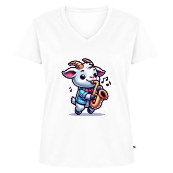 Goat Playing Saxophone Funny Goat Motif - Women's Premium Organic V-neck T-shirt - white - Front - AI Model Female 172 dark (172cm)