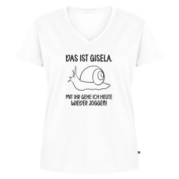 Das ist Gisela mit ihr gehe ich joggen lustiges - Frauen Premium Bio T-Shirt mit V-Ausschnitt - Weiß - Vorne - AI Model Female 172 dark (172cm)