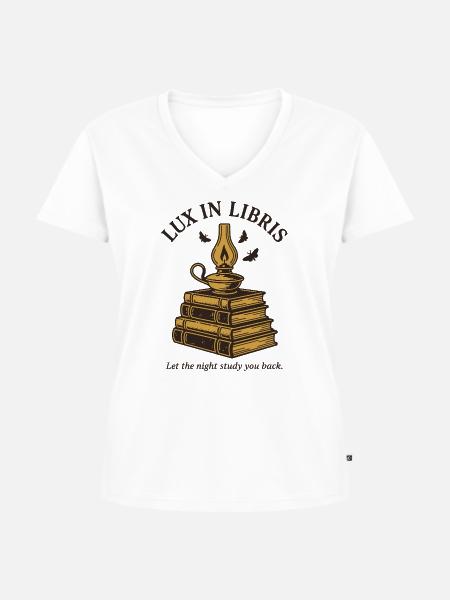 Lux in Libris - Frauen Premium Bio T-Shirt mit V-Ausschnitt - Weiß
