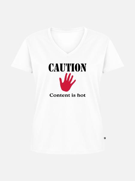 Caution, content is hot - Frauen Premium Bio T-Shirt mit V-Ausschnitt - Weiß