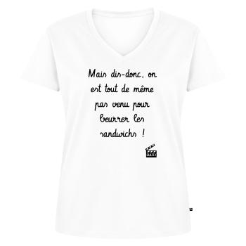 Les Tontons Flingueurs ! Réplique culte - Humour - T-shirt encolure en V Premium bio Femme - blanc - Devant - AI Model Female 172 dark (172cm)