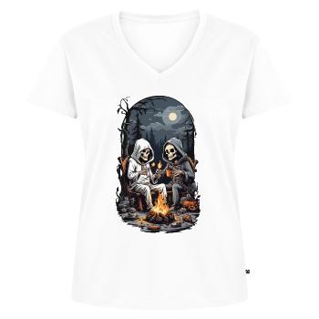 Conception de feu de camp squelette de camping Halloween - T-shirt encolure en V Premium bio Femme - blanc - Devant - AI Model Female 172 dark (172cm)