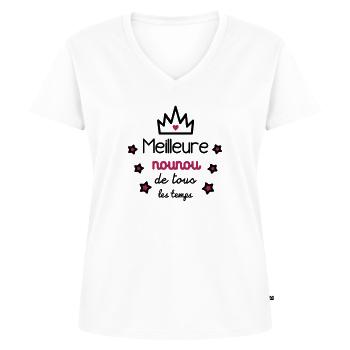 meilleure nounou,cadeau nourrice,super nounou - T-shirt encolure en V Premium bio Femme - blanc - Devant - AI Model Female 172 dark (172cm)
