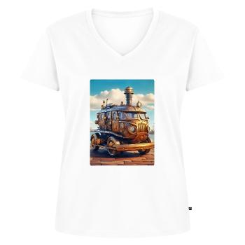 Steampunk Automobile 1.1 - Frauen Premium Bio T-Shirt mit V-Ausschnitt - Weiß - Vorne - AI Model Female 172 dark (172cm)