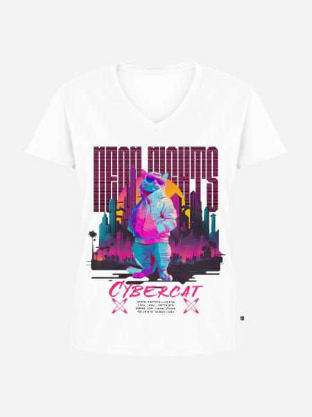 Neon Nights Cyberpunk Cat - Frauen Premium Bio T-Shirt mit V-Ausschnitt - Weiß