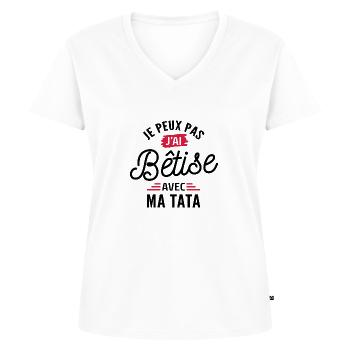 je peux pas j ai bêtise avec ma tata - T-shirt encolure en V Premium bio Femme - blanc - Devant - AI Model Female 172 dark (172cm)