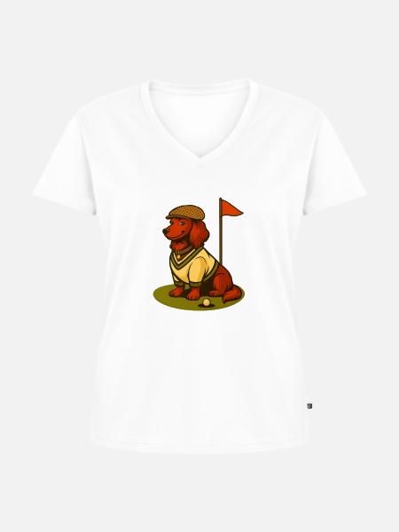 Golf Dackel im Retro-Outfit mit Fahne. - Frauen Premium Bio T-Shirt mit V-Ausschnitt - Weiß
