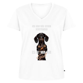 Schon verstanden, es ist mir nur egal Dackel - Frauen Premium Bio T-Shirt mit V-Ausschnitt - Weiß - Vorne - AI Model Female 172 dark (172cm)