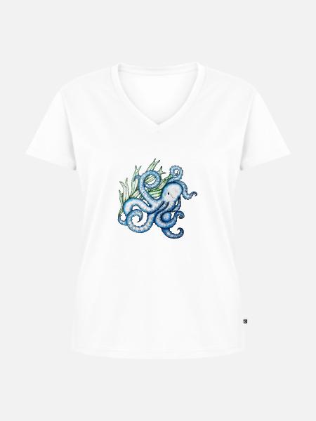 Blauer Oktopus - Frauen Premium Bio T-Shirt mit V-Ausschnitt - Weiß