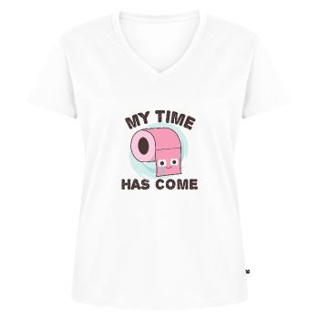 Papier toilette « Mon heure est venue », blague amusante wc - T-shirt encolure en V Premium bio Femme - blanc - Devant - AI Model Female 172 dark (172cm)