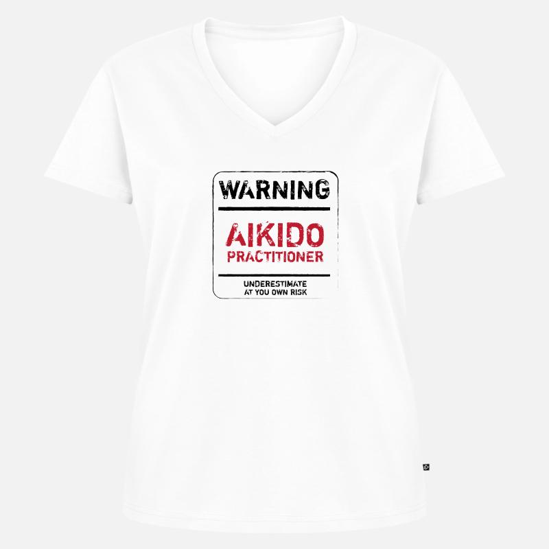 WARNING AIKIDO PRACTITIONER - AIKIDO T-Shirt - Frauen Premium Bio T-Shirt mit V-Ausschnitt - Weiß