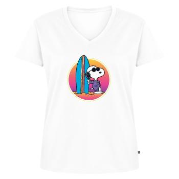 Peanuts Snoopy Cool Surfen Strand Urlaub - Frauen Premium Bio T-Shirt mit V-Ausschnitt - Weiß - Vorne - AI Model Female 172 dark (172cm)