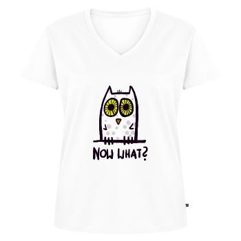 now what? lustige Eule - Frauen Premium Bio T-Shirt mit V-Ausschnitt - Weiß - Vorne - AI Model Female 172 dark (172cm)