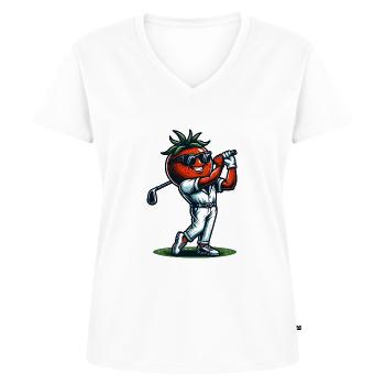 Swinging Tomato : Drôle de tomate de golf avec du style - T-shirt encolure en V Premium bio Femme - blanc - Devant - AI Model Female 172 dark (172cm)