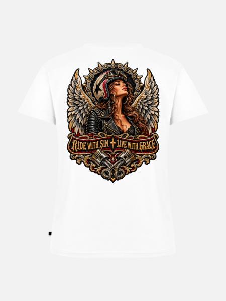 Flügelbikerin: Ride with Sin - Frauen Premium Bio T-Shirt mit V-Ausschnitt - Weiß