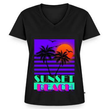 Sunset Beach 80s Purple - Frauen Premium Bio T-Shirt mit V-Ausschnitt - Schwarz - Vorne - AI Model Female 172 light (172cm)