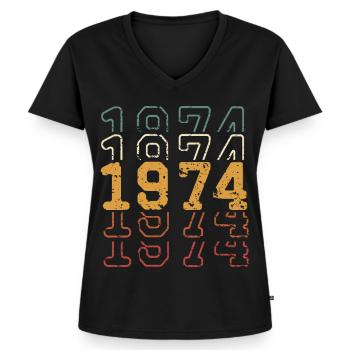 1974 - Women's Premium Organic V-neck T-shirt - black - Front - AI Model Female 172 light (172cm)