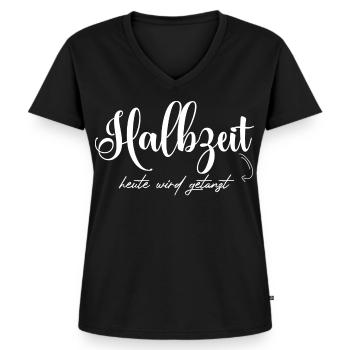 Halbzeit: Heute Wird Gestartet - Frauen Premium Bio T-Shirt mit V-Ausschnitt - Schwarz - Vorne - AI Model Female 172 light (172cm)