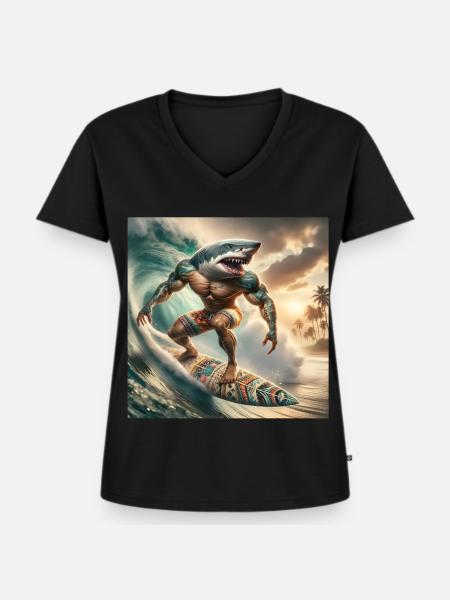 Surferhai Kreativ-Design - Frauen Premium Bio T-Shirt mit V-Ausschnitt - Schwarz