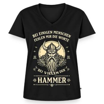 Bei Vielen Der Hammer Wikinger Spruch - Frauen Premium Bio T-Shirt mit V-Ausschnitt - Schwarz - Vorne - AI Model Female 172 light (172cm)
