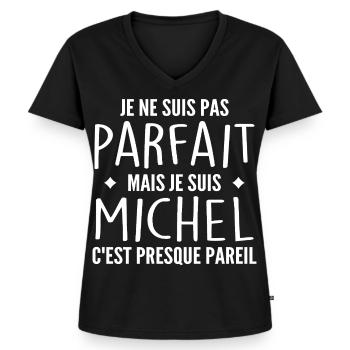 Michel Un Prénom, Une Attitude L’Humour Michel - T-shirt encolure en V Premium bio Femme - noir - Devant - AI Model Female 172 light (172cm)