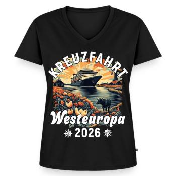 Kreuzfahrt West Europa 2026 - Frauen Premium Bio T-Shirt mit V-Ausschnitt - Schwarz - Vorne - AI Model Female 172 light (172cm)