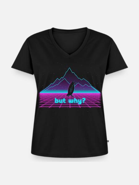 Pinguin Retrowave - Frauen Premium Bio T-Shirt mit V-Ausschnitt - Schwarz