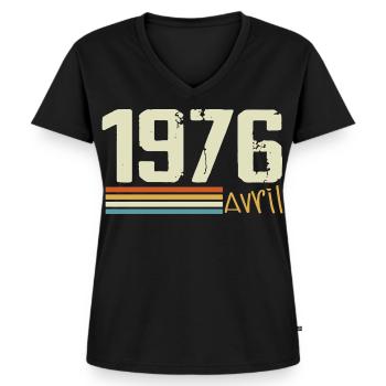 Né en avril 1976 - T-shirt encolure en V Premium bio Femme - noir - Devant - AI Model Female 172 light (172cm)