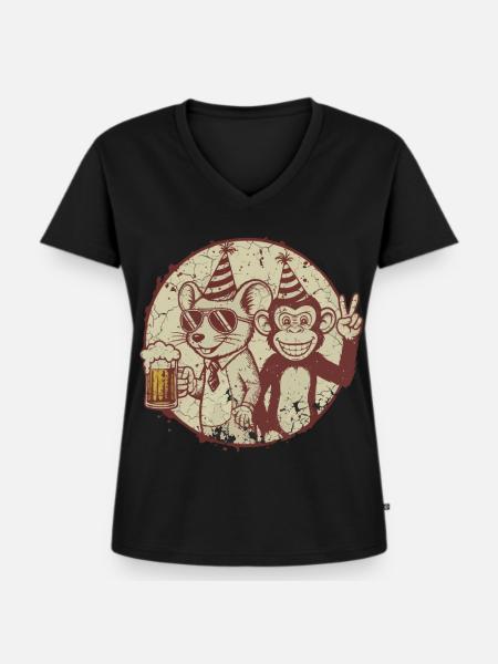 Maus Affe Party Bier - Frauen Premium Bio T-Shirt mit V-Ausschnitt - Schwarz