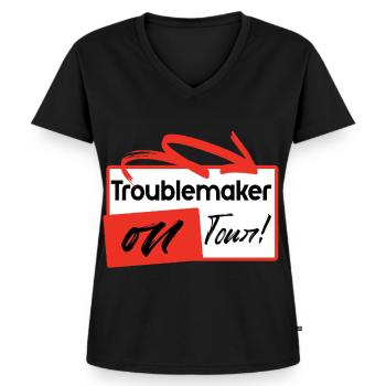 Troublemaker on Tour! - Funny party shirt - Women's Premium Organic V-neck T-shirt - black - Front - AI Model Female 172 light (172cm)