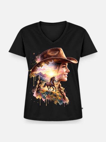 Reiterin Pferd Freiheit - Frauen Premium Bio T-Shirt mit V-Ausschnitt - Schwarz