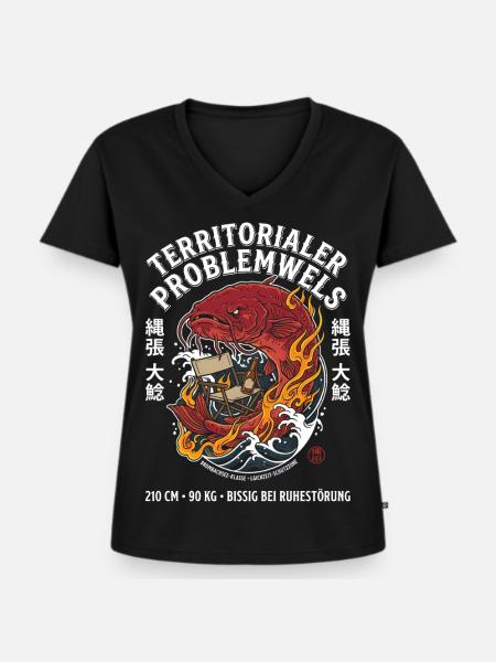 Territorialer Problemwels Angler Spruch - Frauen Premium Bio T-Shirt mit V-Ausschnitt - Schwarz