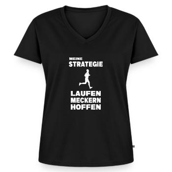 Meine Strategie Laufen Meckern Hoffen Marathon - Frauen Premium Bio T-Shirt mit V-Ausschnitt - Schwarz - Vorne - AI Model Female 172 light (172cm)
