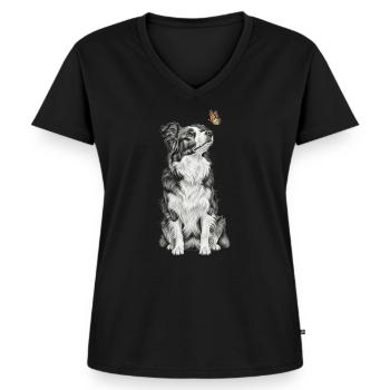 Border Collie mit Schmetterling Skizze Kunst - Frauen Premium Bio T-Shirt mit V-Ausschnitt - Schwarz - Vorne - AI Model Female 172 light (172cm)