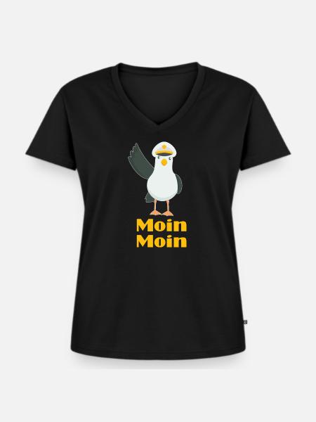 Moin Moin Möwen Kapitän - Frauen Premium Bio T-Shirt mit V-Ausschnitt - Schwarz