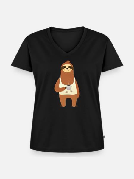 Cute Sloth With Coffee Cup - Frauen Premium Bio T-Shirt mit V-Ausschnitt - Schwarz