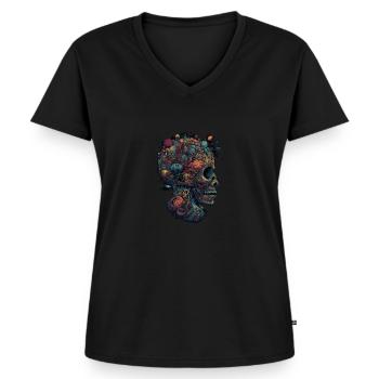 Surrealistischer, psychedelischer Trippy Totenkopf - Frauen Premium Bio T-Shirt mit V-Ausschnitt - Schwarz - Vorne - AI Model Female 172 light (172cm)