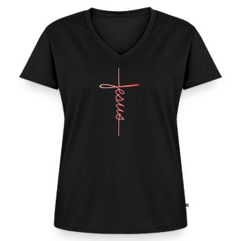 Jesus - Frauen Premium Bio T-Shirt mit V-Ausschnitt - Schwarz - Vorne - AI Model Female 172 light (172cm)