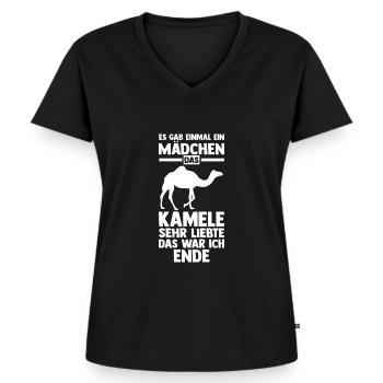 Kamel - Frauen Premium Bio T-Shirt mit V-Ausschnitt - Schwarz - Vorne - AI Model Female 172 light (172cm)