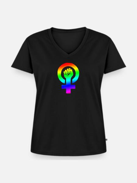 Regenbogen-feministische Faust - Frauen Premium Bio T-Shirt mit V-Ausschnitt - Schwarz
