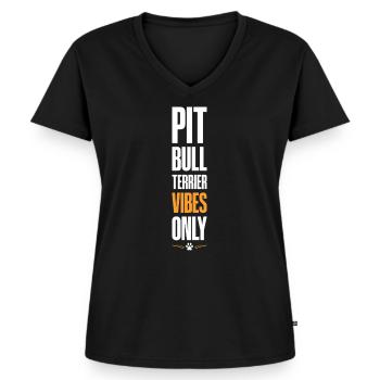 Pitbull Terrier Vibes Only - Frauen Premium Bio T-Shirt mit V-Ausschnitt - Schwarz - Vorne - AI Model Female 172 light (172cm)