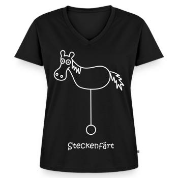 Steckenfärt, Steckenpferd, Pferd auf Rädern - Frauen Premium Bio T-Shirt mit V-Ausschnitt - Schwarz - Vorne - AI Model Female 172 light (172cm)