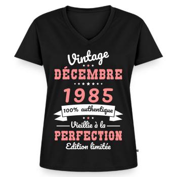 Anniversaire 40 ans - Vintage - Décembre 1985 - T-shirt encolure en V Premium bio Femme - noir - Devant - AI Model Female 172 light (172cm)