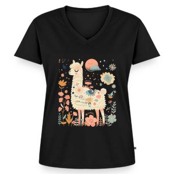 Alpaka Lama Blumen für Alpakaliebhaber - Frauen Premium Bio T-Shirt mit V-Ausschnitt - Schwarz - Vorne - AI Model Female 172 light (172cm)