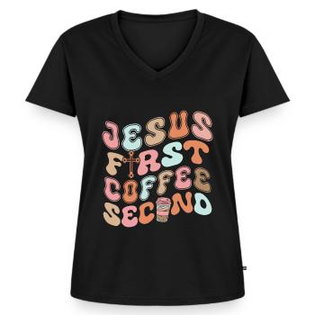Jésus Premier Café Deuxième - T-shirt encolure en V Premium bio Femme - noir - Devant - AI Model Female 172 light (172cm)